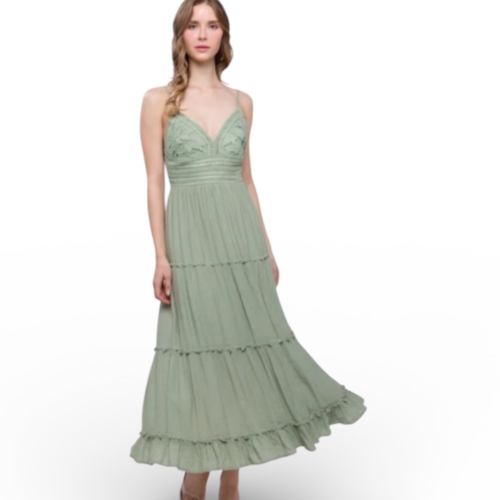 Love Tree sz Med Sage Green Tiered Maxi Dress